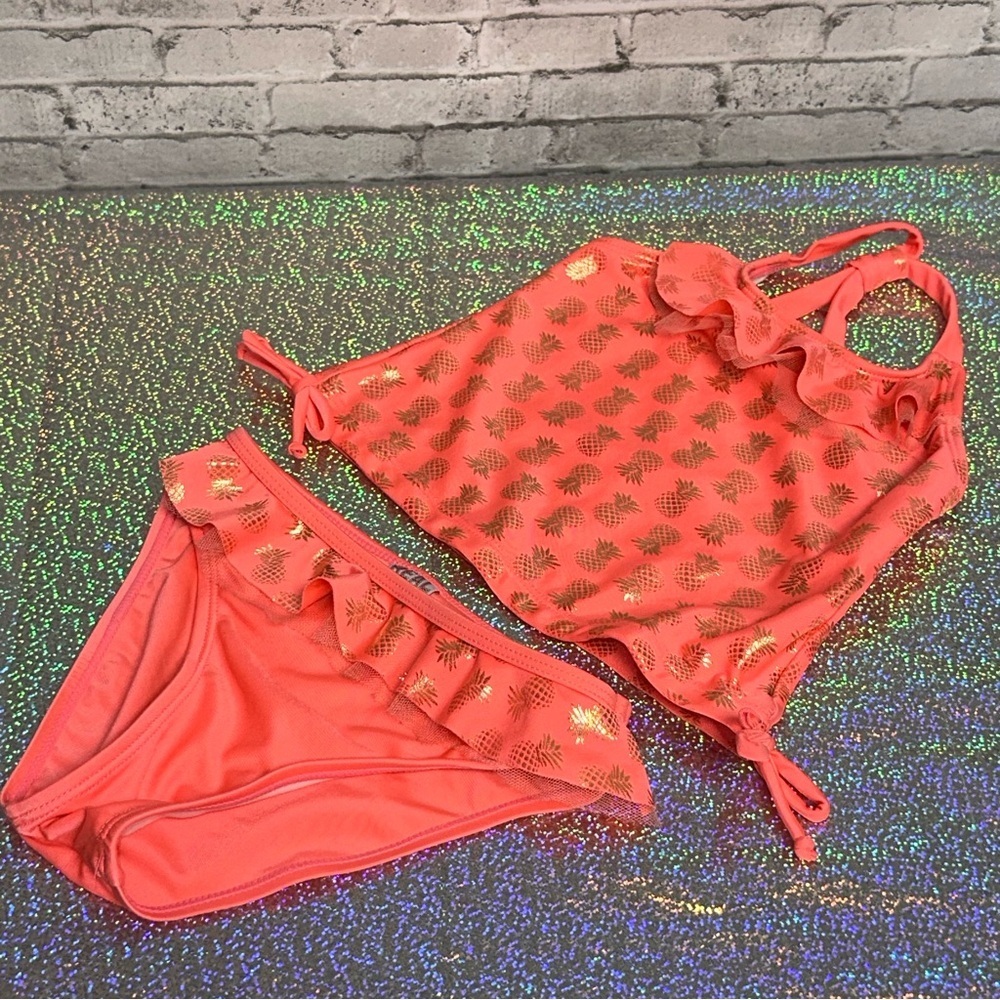 Toddler Girl Swimsuit 3T Orange Gold PINEAPPLE 2 pc Swimwear REAL LOVE Ruffles